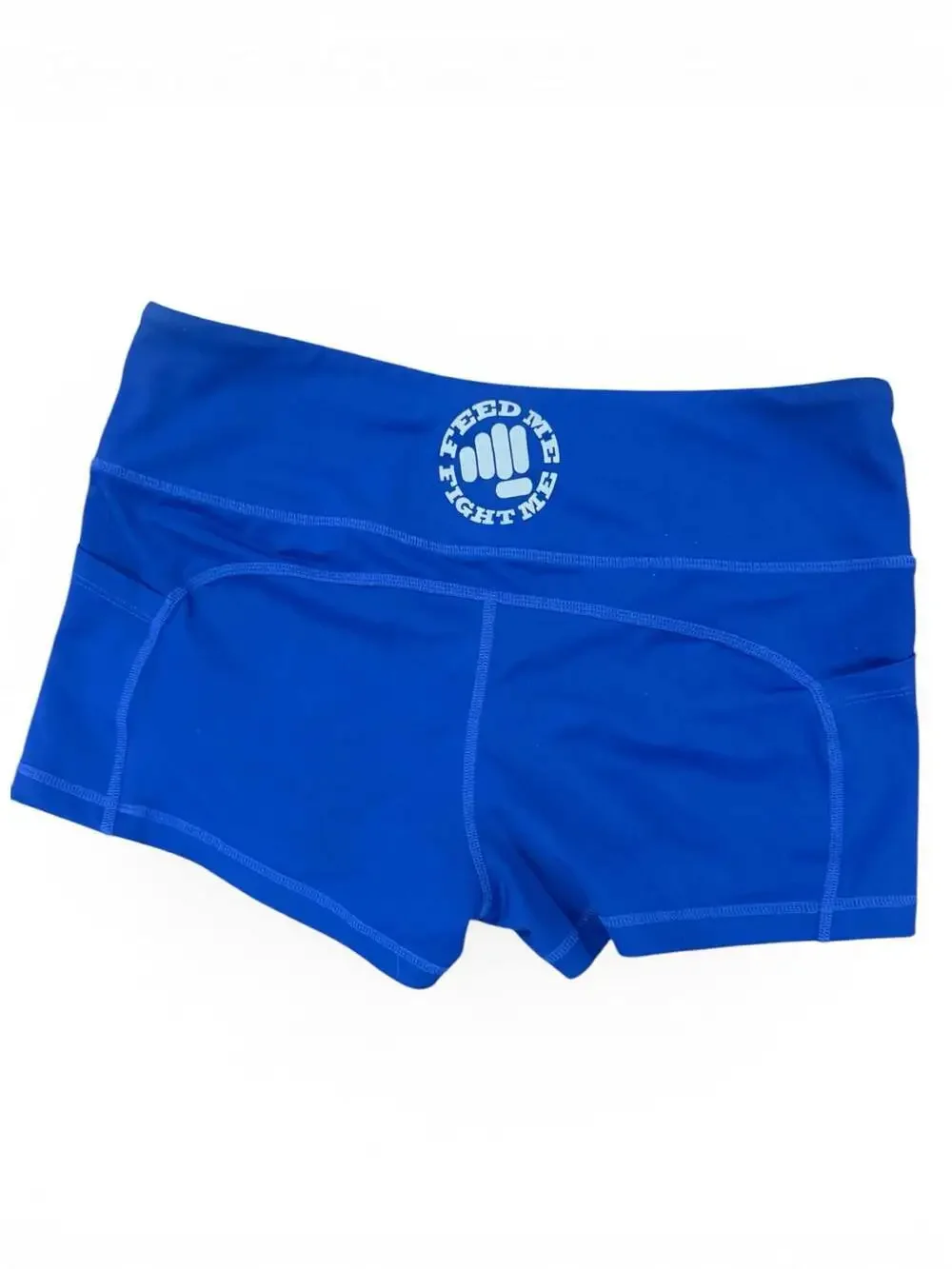 Feed Me Fight Me Blue Athletic Shorts Size M High Rise Workout Gym Compression
